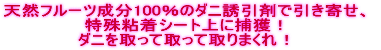 天然フルーツ成分100％のダニ誘引剤で引き寄せ、 特殊粘着シート上に捕獲！ ダニを取って取って取りまくれ！
