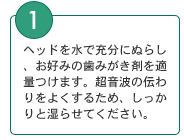 1．ヘッドを水で充分にぬらし、お好みの歯みがき剤を適量つけます。超音波の伝わりをよくするため、しっかりと湿らせてください。